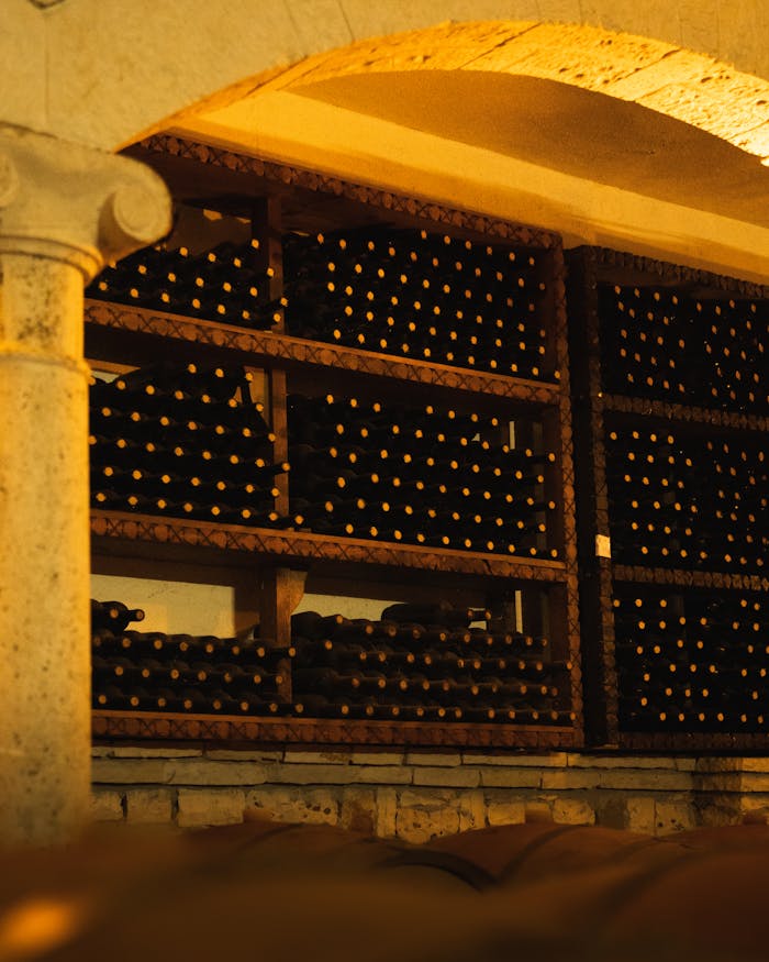 A rustic wine cellar with shelves of aged wine bottles under warm lighting.