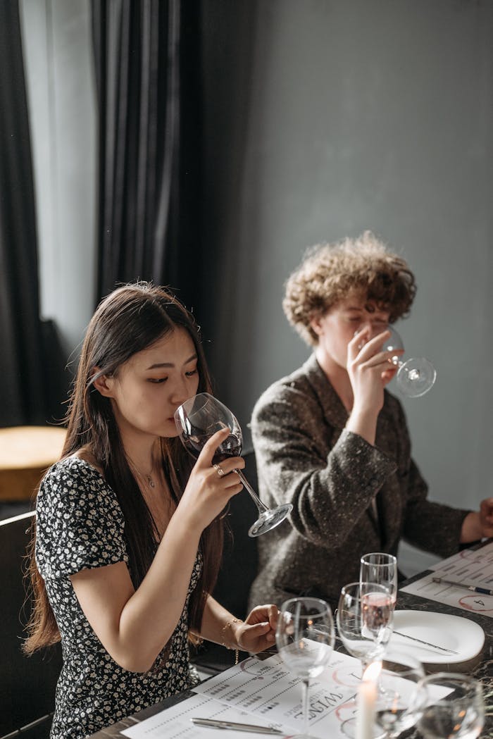A man and woman enjoying wine tasting indoors, each holding a wine glass.
